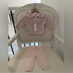 🦢 0~3 Mth Pale Dusty Rose Knit Embroidered Baby Sweater and Pants Set NWT